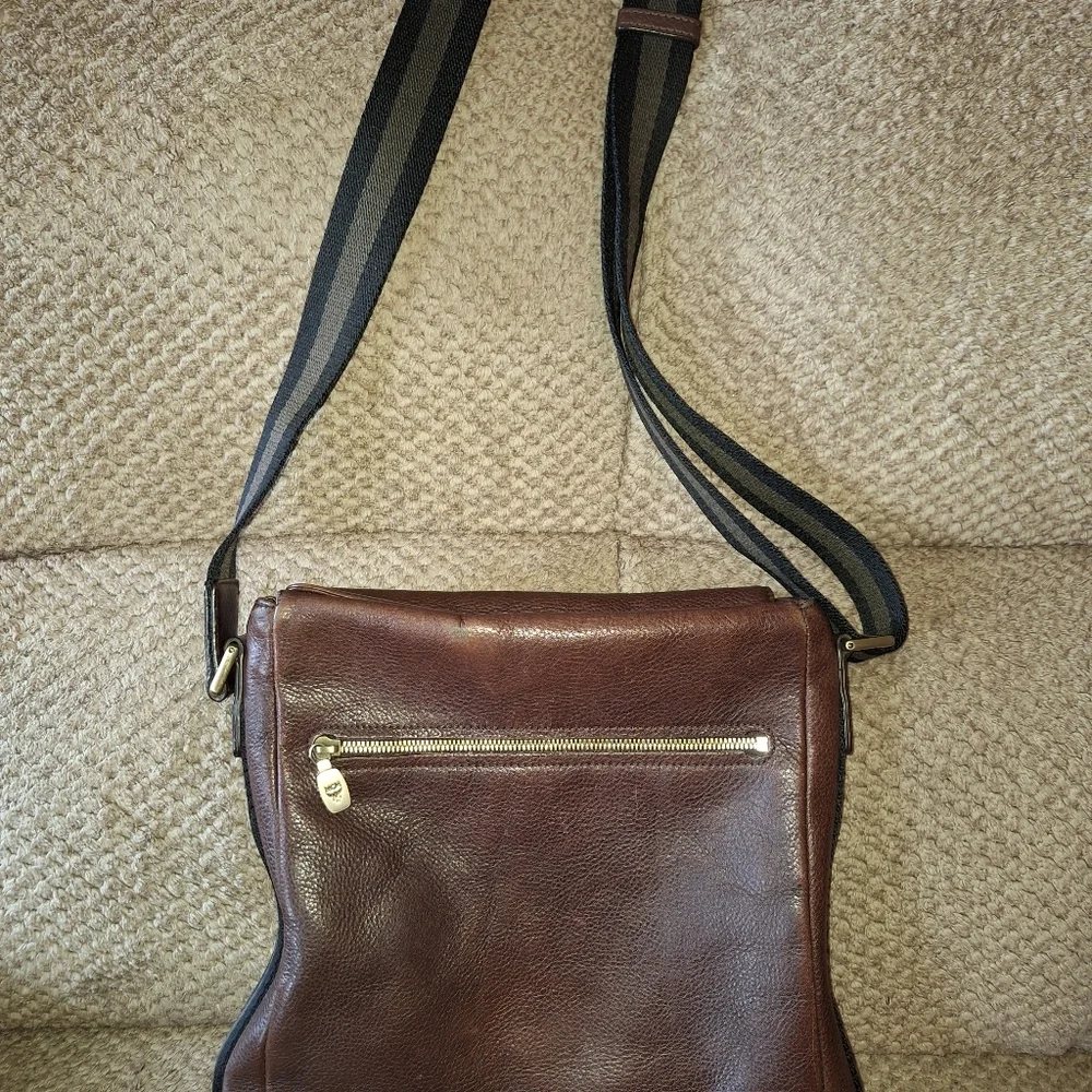 MCM Brown Leather Men's Women's Messenger Bag Stripe Adjustable Strap Black